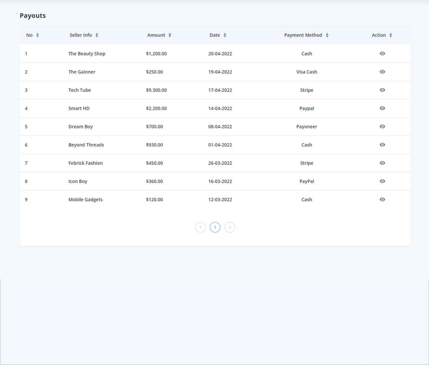 Payout List demo preview screenshot