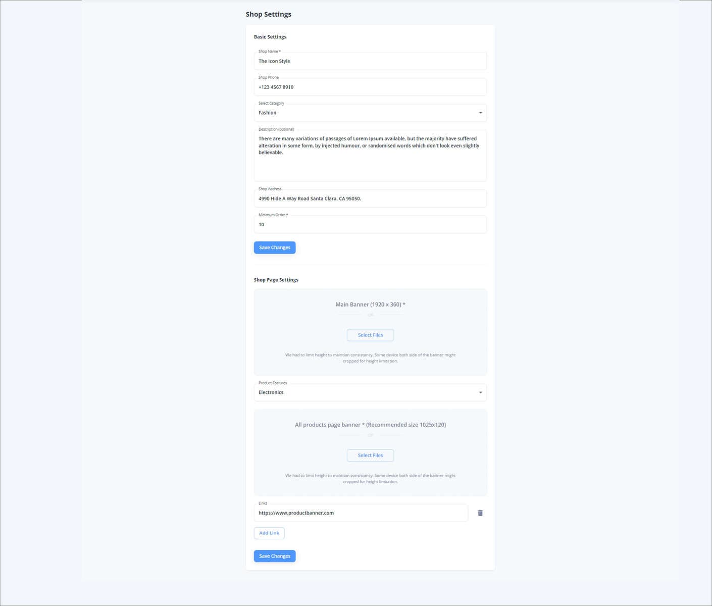 Shop Settings demo preview screenshot
